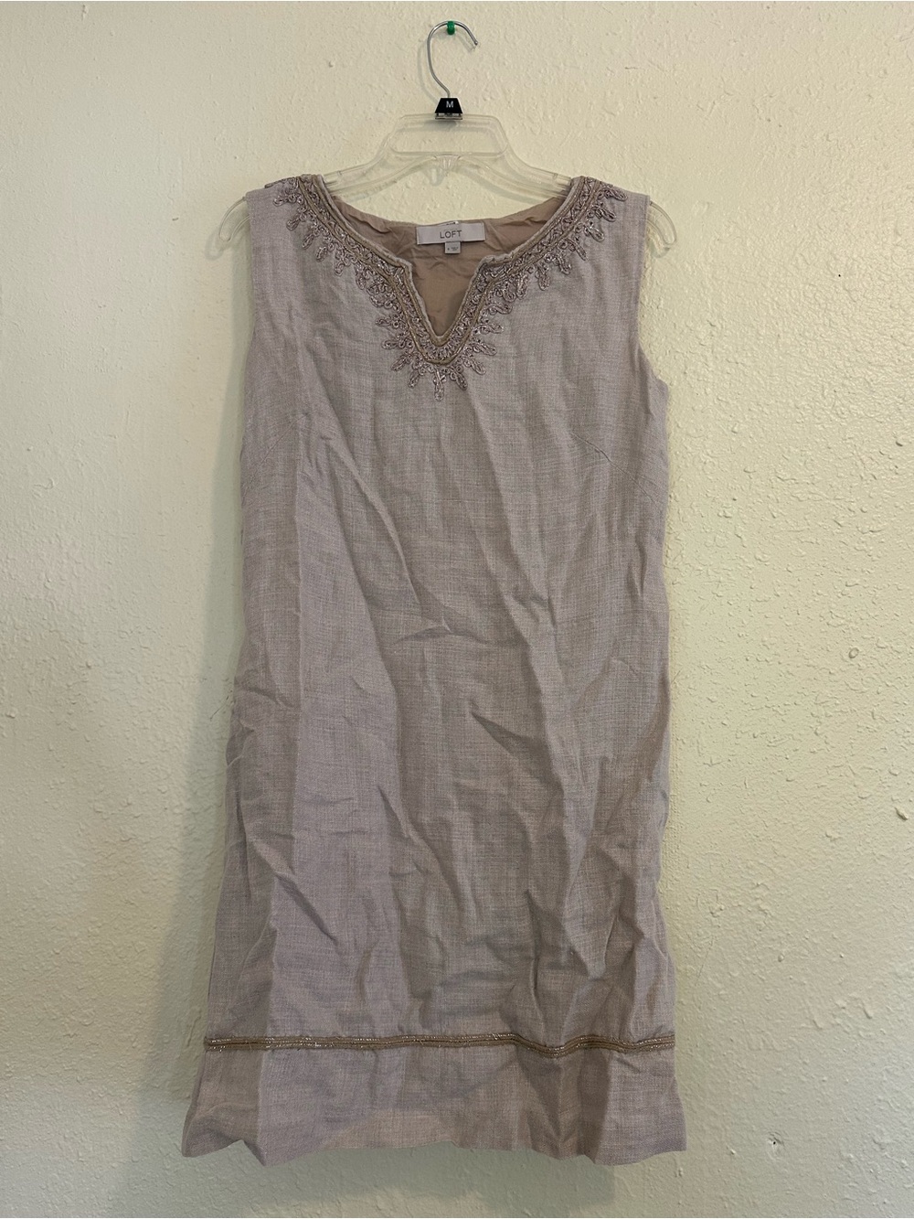 LOFT Beaded Neckline Sleeveless Dress in Light Taupe EUC
